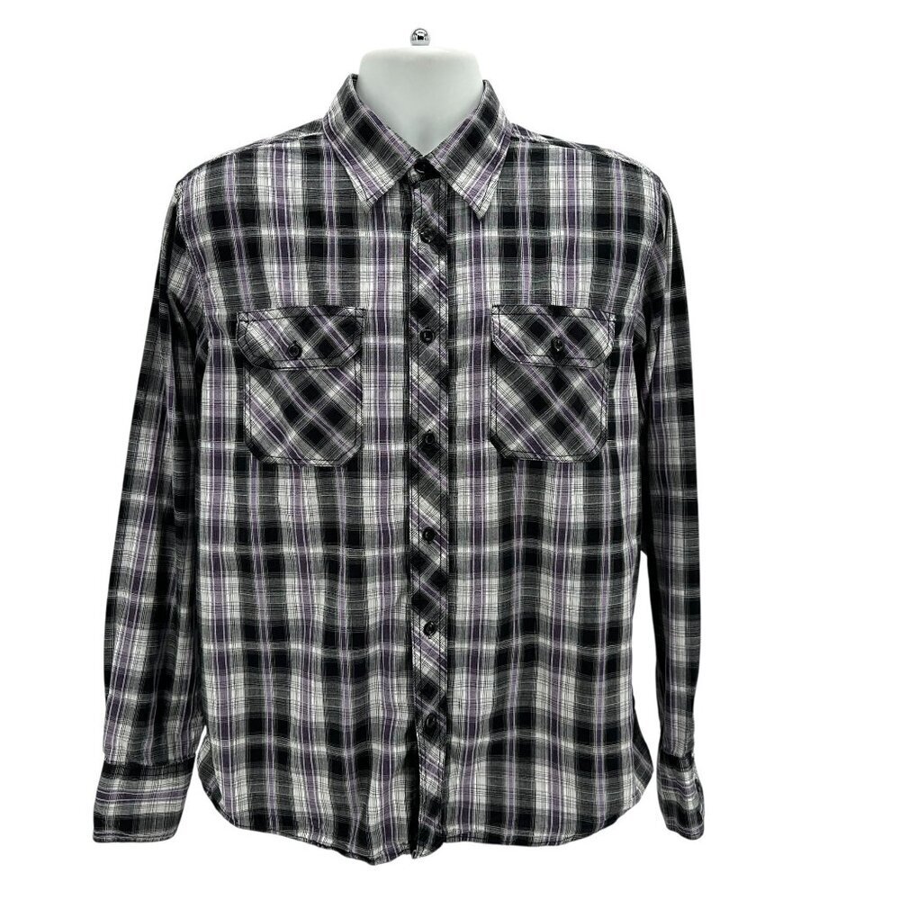 Vintage Eighty Eight Mens Large Button Shirt Plaid Black Purple 2000s Retro